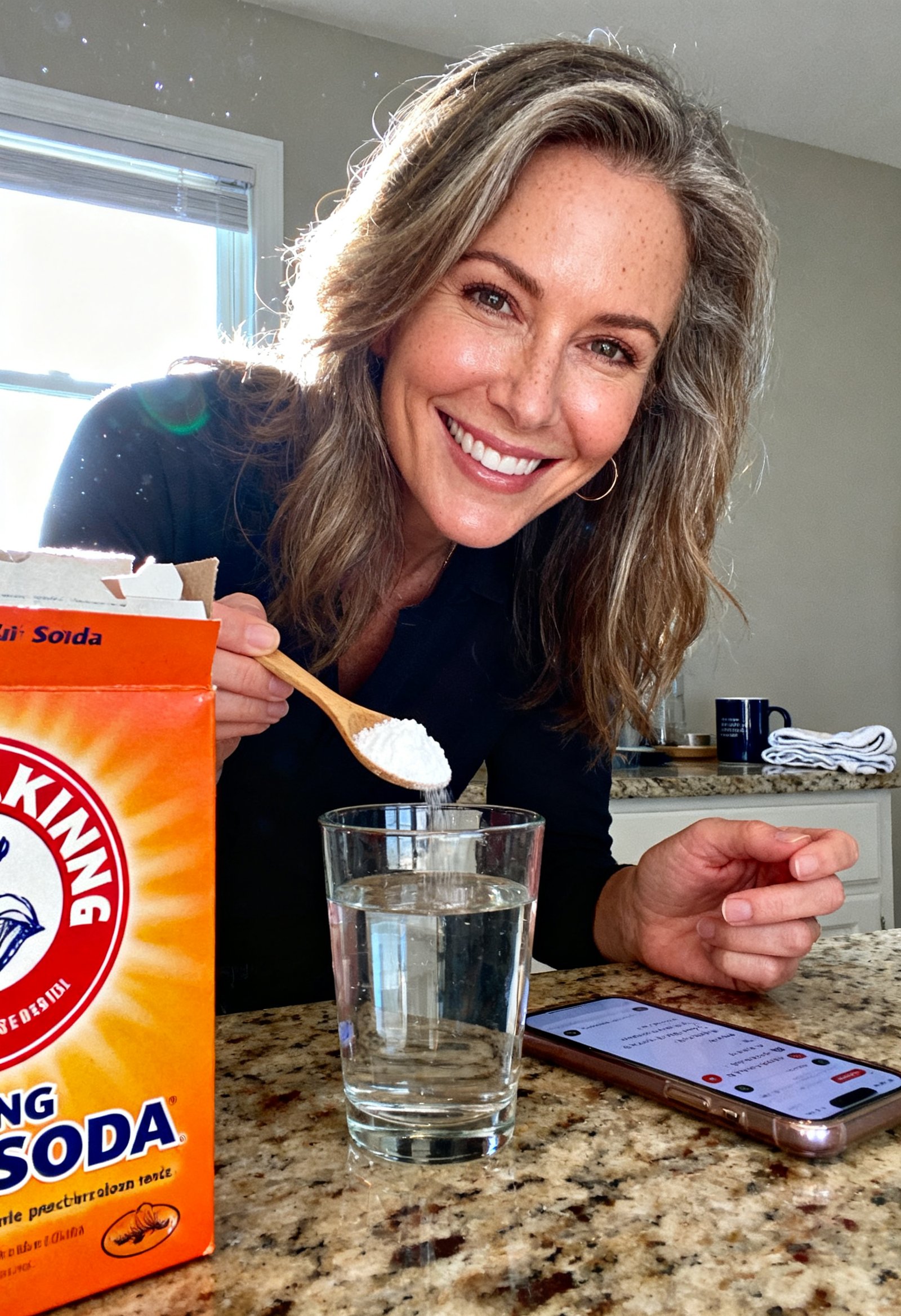 Dana holding a spoonful of baking soda over a glass of water in her kitchen